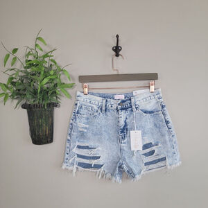 NEW Pink Lily Shortie Jean Shorts Light Blue Wash Denim Patch Distressed Ripped